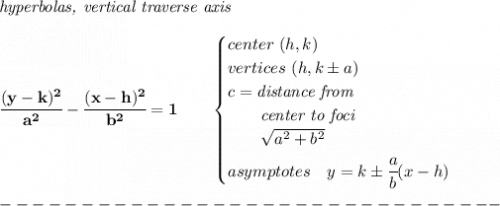 \bf \textit{hyperbolas, vertical traverse axis }&#10;\\\\&#10;\cfrac{(y- k)^2}{ a^2}-\cfrac{(x- h)^2}{ b^2}=1&#10;\qquad &#10;\begin{cases}&#10;center\ ( h, k)\\&#10;vertices\ ( h,  k\pm a)\\&#10;c=\textit{distance from}\\&#10;\qquad \textit{center to foci}\\&#10;\qquad \sqrt{ a ^2 + b ^2}\\&#10;asymptotes\quad  y= k\pm \cfrac{a}{b}(x- h)&#10;\end{cases}\\\\&#10;-------------------------------