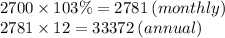 2700 \times 103\% = 2781 \: (monthly) \\ 2781 \times 12 = 33372 \: (annual)