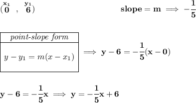 \bf (\stackrel{x_1}{0}~,~\stackrel{y_1}{6})~\hspace{10em} slope = m\implies -\cfrac{1}{5} \\\\\\ \begin{array}{|c|ll} \cline{1-1} \textit{point-slope form}\\ \cline{1-1} \\ y-y_1=m(x-x_1) \\\\ \cline{1-1} \end{array}\implies y-6=-\cfrac{1}{5}(x-0) \\\\\\ y-6=-\cfrac{1}{5}x\implies y=-\cfrac{1}{5}x+6