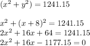 (x^{2}+y^{2})=1241.15\\\\x^{2}+(x+8)^{2}=1241.15\\2x^{2}+16x+64=1241.15\\2x^{2}+16x-1177.15=0
