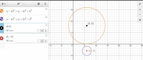 Circle 1 is centered at (6, 8) and has a radius of 8 units. circle 2 is centered at (6, −3) and has