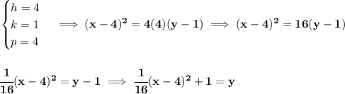 \bf \begin{cases}&#10;h=4\\&#10;k=1\\&#10;p=4&#10;\end{cases}\implies (x-4)^2=4(4)(y-1)\implies (x-4)^2=16(y-1)&#10;\\\\\\&#10;\cfrac{1}{16}(x-4)^2=y-1\implies \cfrac{1}{16}(x-4)^2+1=y