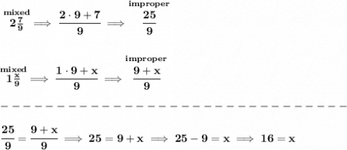 \bf \stackrel{mixed}{2\frac{7}{9}}\implies \cfrac{2\cdot 9+7}{9}\implies \stackrel{improper}{\cfrac{25}{9}}&#10;\\\\\\&#10;\stackrel{mixed}{1\frac{x}{9}}\implies \cfrac{1\cdot 9+x}{9}\implies \stackrel{improper}{\cfrac{9+x}{9}}\\\\&#10;-------------------------------\\\\&#10;\cfrac{25}{9}=\cfrac{9+x}{9}\implies 25=9+x\implies 25-9=x\implies 16=x