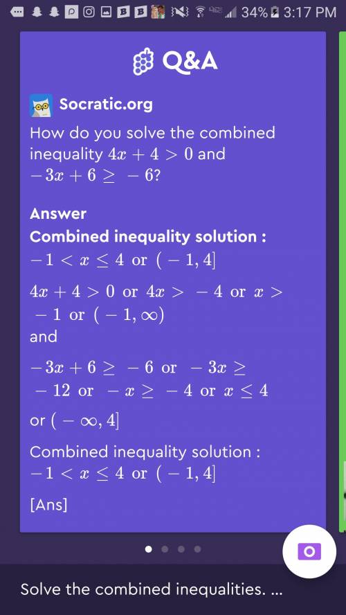 Solve the combined inequalities. 5x-4> 46 or 4x< =3x+6
