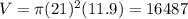 V = \pi (21)^2(11.9) = 16487