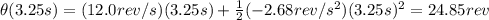 \theta (3.25 s)=(12.0 rev/s)(3.25 s)+ \frac{1}{2} (-2.68 rev/s^2)(3.25 s)^2=24.85 rev