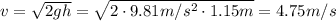 v= \sqrt{2gh}= \sqrt{2 \cdot 9.81 m/s^2 \cdot 1.15 m}=4.75 m/s