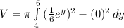 V=\pi \int\limits^6_4 {(\frac{1}{6}e^y)^2-(0)^2 } \, dy