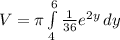 V=\pi \int\limits^6_4 {\frac{1}{36}e^{2y} } \, dy
