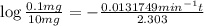 \log\frac{0.1 mg}{10 mg}=-\frac{0.0131749 min ^{-1}t}{2.303}