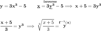 \bf y=3x^3-5\qquad \stackrel{inverse}{\underline{x}=3\underline{y}^3-5}\implies x+5=3y^3&#10;\\\\\\&#10;\cfrac{x+5}{3}=y^3\implies \sqrt[3]{\cfrac{x+5}{3}}=\stackrel{f^{-1}(x)}{y}