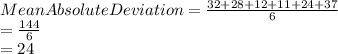 Mean Absolute Deviation = \frac{32+28+12+11+24+37}{6} \\=\frac{144}{6}\\=24