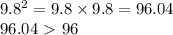 9.8^2=9.8 \times 9.8 = 96.04\\96.04\ \textgreater \ 96