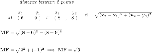 \bf ~~~~~~~~~~~~\textit{distance between 2 points}\\\\&#10;\begin{array}{ccccccccc}&#10;&&x_1&&y_1&&x_2&&y_2\\&#10;%  (a,b)&#10;&M&(~ 6 &,& 9~) &#10;%  (c,d)&#10;&F&(~ 8 &,& 8~)&#10;\end{array}~~~ &#10;%  distance value&#10;d = \sqrt{( x_2- x_1)^2 + ( y_2- y_1)^2}&#10;\\\\\\&#10;MF=\sqrt{(8-6)^2+(8-9)^2}\\\\\\ MF=\sqrt{2^2+(-1)^2}\implies MF=\sqrt{5}