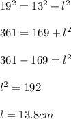 19^2=13^2+l^2\\\\361=169+l^2\\\\361-169=l^2\\\\l^2=192\\\\l=13.8cm