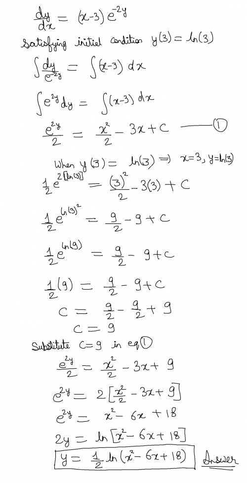 Find the particular solution of the differential equation dydx=(x−3)e−2y satisfying the initial cond