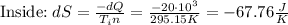 $$Inside$: dS= \frac{-dQ}{T_in}=\frac{-20\cdot 10^3}{295.15K}=-67.76\frac{J}{K}