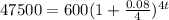47500=600(1+\frac{0.08}{4}) ^{4t}