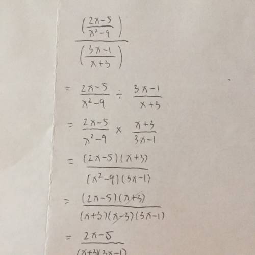 Simplify complex fraction ( ( 2x - 5 ) / ( x^2 - 9) ) / ( ( 3x - 1 ) / ( x + 3 ) )