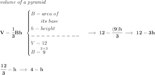 \bf \textit{volume of a pyramid}\\\\&#10;V=\cfrac{1}{3}Bh~~&#10;\begin{cases}&#10;B=area~of\\&#10;\qquad its~base\\&#10;h=height\\&#10;----------\\&#10;V=12\\&#10;B=\stackrel{3\times 3}{9}&#10;\end{cases}\implies 12=\cfrac{(9)h}{3}\implies 12=3h&#10;\\\\\\&#10;\cfrac{12}{3}=h\implies 4=h