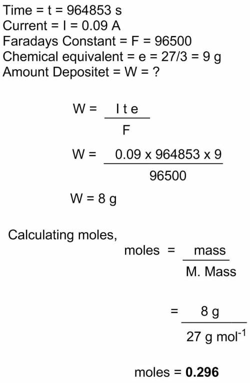 How many moles of metallic aluminum (al) could be produced from al3+ at a current of 0.09 amperes fo