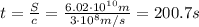 t= \frac{S}{c}= \frac{6.02 \cdot 10^{10} m}{3 \cdot 10^8 m/s}  =200.7 s