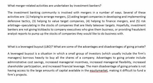 What merger-related activities are undertaken by investment bankers?  what is a leveraged buyout (lb