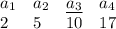 \bf \begin{array}{llll}&#10;a_1&a_2&\underline{a_3}&a_4\\&#10;2&5&10&17&#10;\end{array}
