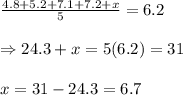 \frac{4.8+5.2+7.1+7.2+x}{5} =6.2 \\  \\ \Rightarrow24.3+x=5(6.2)=31 \\  \\ x=31-24.3=6.7