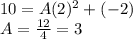 10=A(2)^2+(-2)\\A=\frac{12}{4}=3
