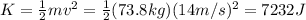 K= \frac{1}{2}mv^2= \frac{1}{2}(73.8 kg)(14 m/s)^2=7232 J