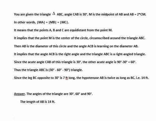 In δabc, m∠cab = 30°, m is the midpoint of  ab so that ab = 2cm. find the angles of the triangle. fi