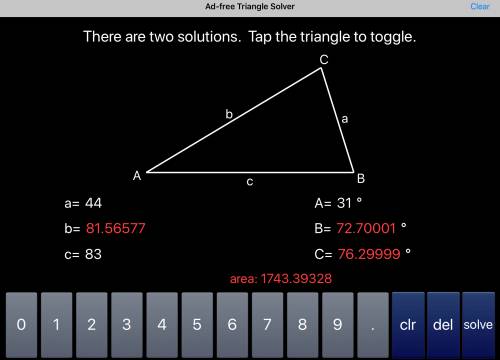 Use the law of sines to find the missing angle of the triangle. find angle b given that c = 83, a =