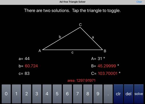 Use the law of sines to find the missing angle of the triangle. find angle b given that c = 83, a =