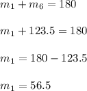 m_{1}+m_{6}=180\\\\ m_{1}+123.5=180\\\\m_{1}=180-123.5\\\\m_{1}=56.5