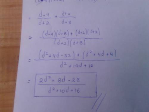 Simplify the sum. d^2-9d+20/d^2-3d-10 plus d^2-2d-8/d^2+4d-32