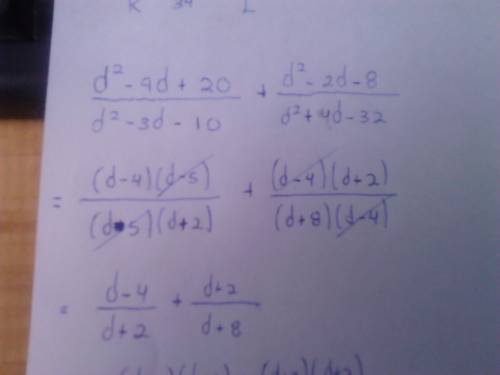 Simplify the sum. d^2-9d+20/d^2-3d-10 plus d^2-2d-8/d^2+4d-32