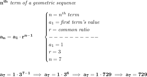 \bf n^{th}\textit{ term of a geometric sequence}\\\\&#10;a_n=a_1\cdot r^{n-1}\qquad &#10;\begin{cases}&#10;n=n^{th}\ term\\&#10;a_1=\textit{first term's value}\\&#10;r=\textit{common ratio}\\&#10;----------\\&#10;a_1=1\\&#10;r=3\\&#10;n=7&#10;\end{cases}&#10;\\\\\\&#10;a_7=1\cdot 3^{7-1}\implies a_7=1\cdot 3^6\implies a_7=1\cdot 729\implies a_7=729