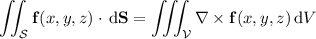 \displaystyle\iint_{\mathcal S}\mathbf f(x,y,z)\cdot\,\mathrm d\mathbf S=\iiint_{\mathcal V}\nabla\times\mathbf f(x,y,z)\,\mathrm dV