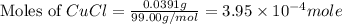 \text{Moles of }CuCl=\frac{0.0391g}{99.00g/mol}=3.95\times 10^{-4}mole