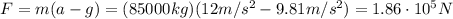F=m(a-g)=(85000kg)(12 m/s^2-9.81 m/s^2)=1.86 \cdot 10^5 N