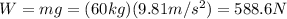W=mg=(60 kg)(9.81 m/s^2)=588.6 N