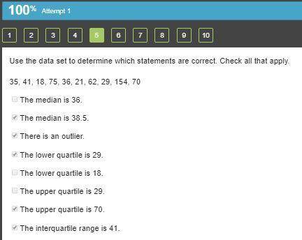 Use the data set to determine which statements are correct. check all that apply. 35, 41, 18, 75, 36