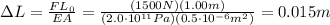 \Delta L =  \frac{F L_0}{EA}= \frac{(1500 N)(1.00 m)}{(2.0\cdot 10^{11}Pa)(0.5\cdot 10^{-6}m^2)}=0.015 m
