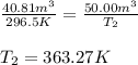 \frac{40.81m^3}{296.5K}=\frac{50.00m^3}{T_2}\\\\T_2=363.27K