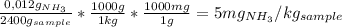 \frac{0,012g_{NH_3}}{2400 g_{sample}}* \frac{1000g}{1kg}* \frac{1000mg}{1g}=5mg_{NH_3}/kg_{sample}