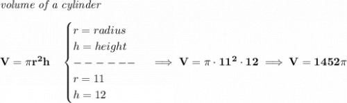 \bf \textit{volume of a cylinder}\\\\ V=\pi r^2 h\quad \begin{cases} r=radius\\ h=height\\ ------\\ r=11\\ h=12 \end{cases}\implies V=\pi \cdot 11^2\cdot 12\implies V=1452\pi