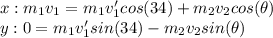 x: m_1v_1=m_1v_1'cos(34)+m_2v_2cos(\theta)\\&#10;y: 0=m_1v_1'sin(34)-m_2v_2sin(\theta)\\
