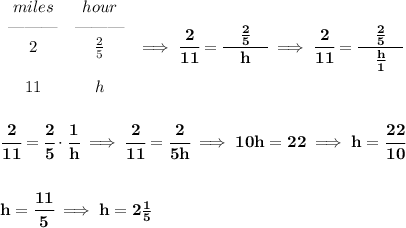 \bf \begin{array}{ccll}&#10;miles&hour\\&#10;\text{\textemdash\textemdash\textemdash}&\text{\textemdash\textemdash\textemdash}\\&#10;2&\frac{2}{5}\\\\&#10;11&h&#10;\end{array}\implies \cfrac{2}{11}=\cfrac{\quad \frac{2}{5}\quad }{h}\implies \cfrac{2}{11}=\cfrac{\quad \frac{2}{5}\quad }{\frac{h}{1}}&#10;\\\\\\&#10;\cfrac{2}{11}=\cfrac{2}{5}\cdot \cfrac{1}{h}\implies \cfrac{2}{11}=\cfrac{2}{5h}\implies 10h=22\implies h=\cfrac{22}{10}&#10;\\\\\\&#10;h=\cfrac{11}{5}\implies h=2\frac{1}{5}