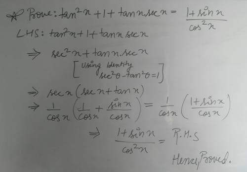 How do you prove tan^2(x)+1+tan(x)sec(x)=1+sin(x)/cos^2(x)?